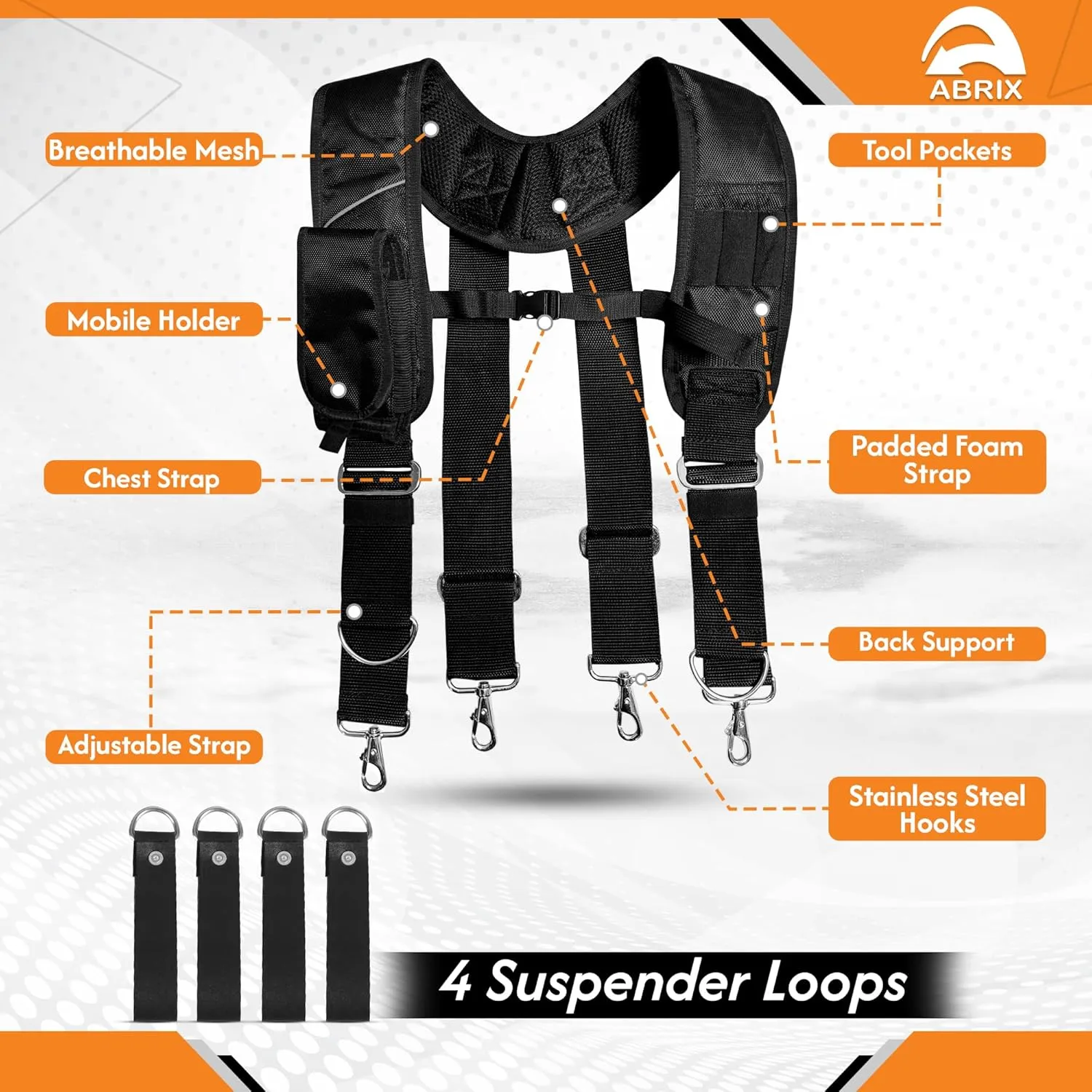 ABRIX Nylon work Suspender, Adjustable (Fits 30" to 50"), Tool belt suspender  for Carpenters, Electricians, Contractors (work suspender, Extra Large)