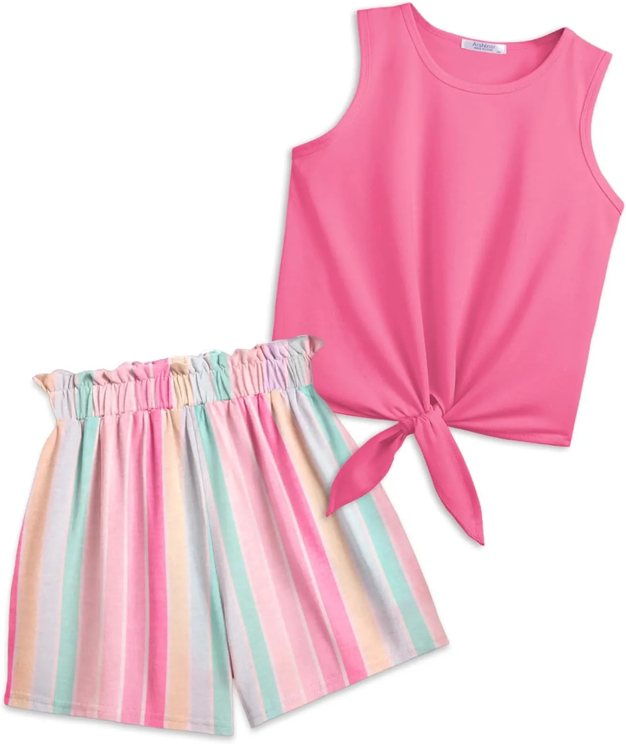 Arshiner Girl's 2 Piece Outfits Tie Knot Tank Top and Paperbag Waist Pocketed Summer Short Sets