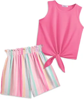 Arshiner Girl's 2 Piece Outfits Tie Knot Tank Top and Paperbag Waist Pocketed Summer Short Sets