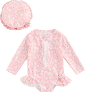 Baby Girls Long Sleeve One Piece Swimsuit Zipper Bathing Suit Toddler Infant Rash Guard Swimwear with Sun Hat Set