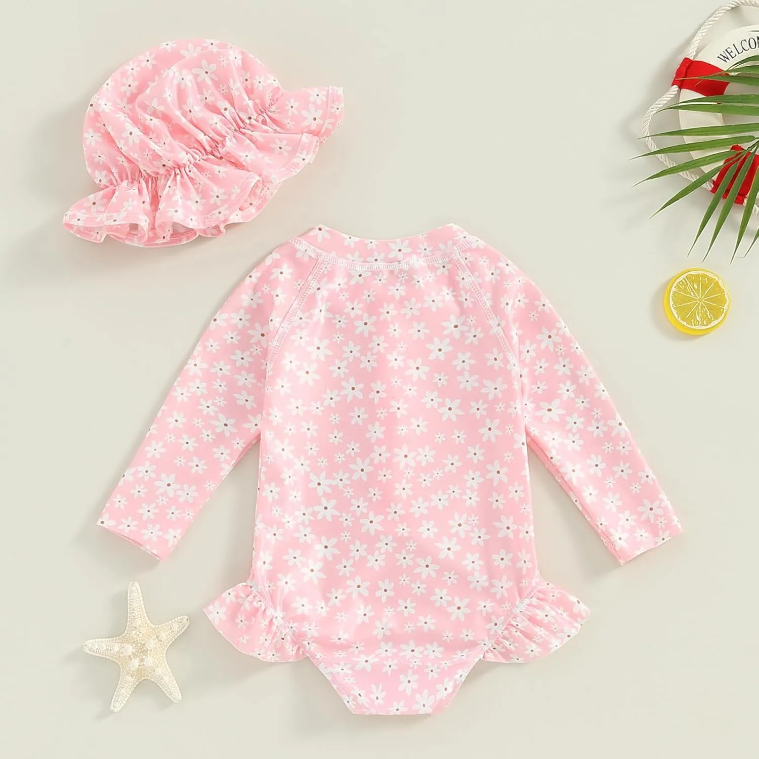 Baby Girls Long Sleeve One Piece Swimsuit Zipper Bathing Suit Toddler Infant Rash Guard Swimwear with Sun Hat Set