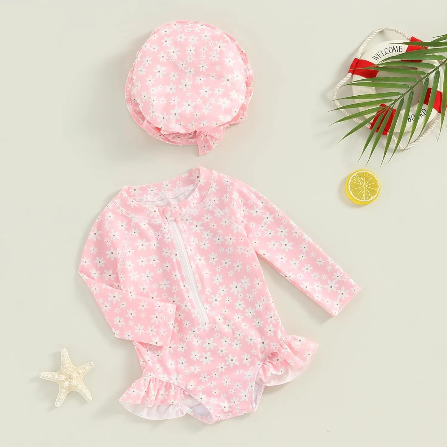 Baby Girls Long Sleeve One Piece Swimsuit Zipper Bathing Suit Toddler Infant Rash Guard Swimwear with Sun Hat Set