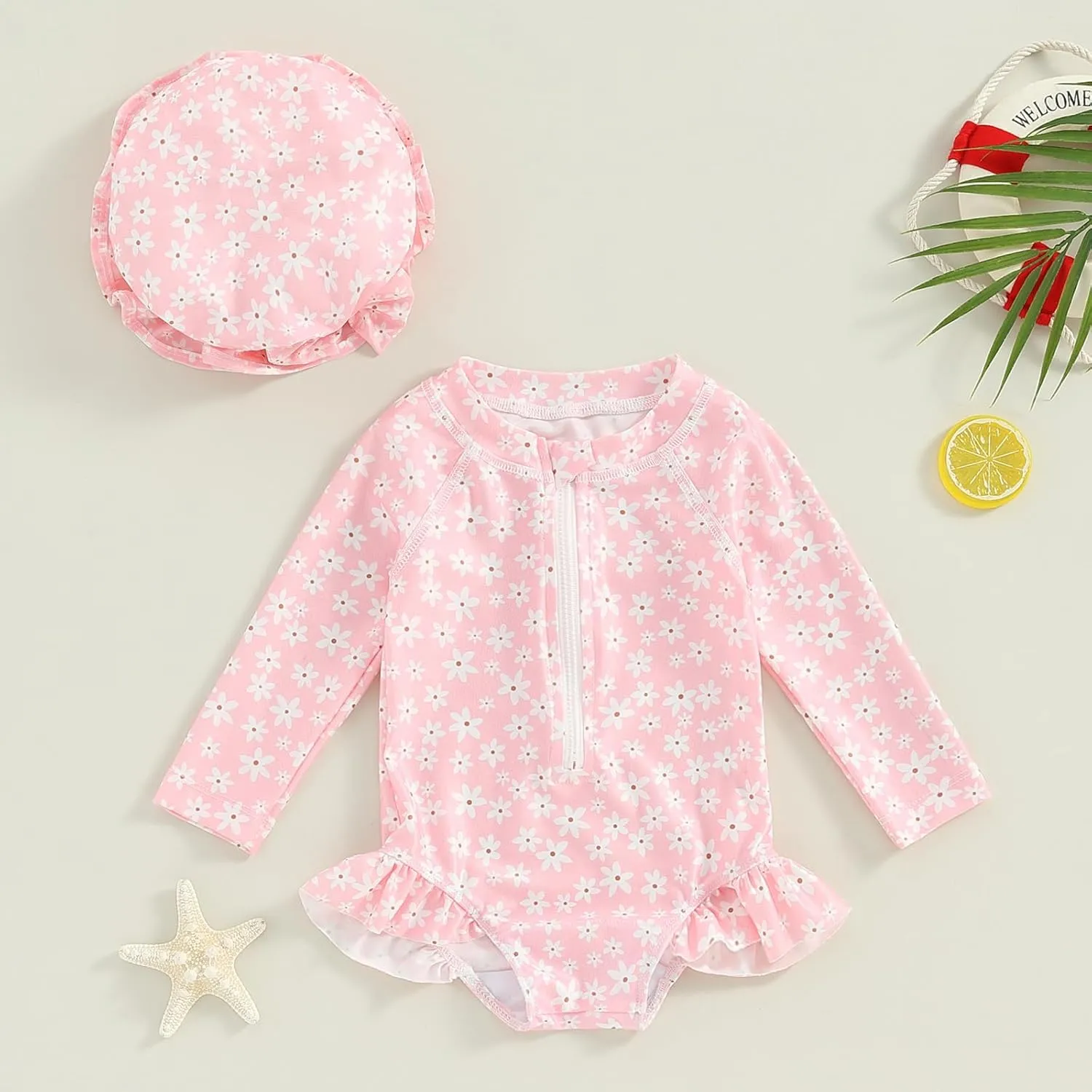 Baby Girls Long Sleeve One Piece Swimsuit Zipper Bathing Suit Toddler Infant Rash Guard Swimwear with Sun Hat Set