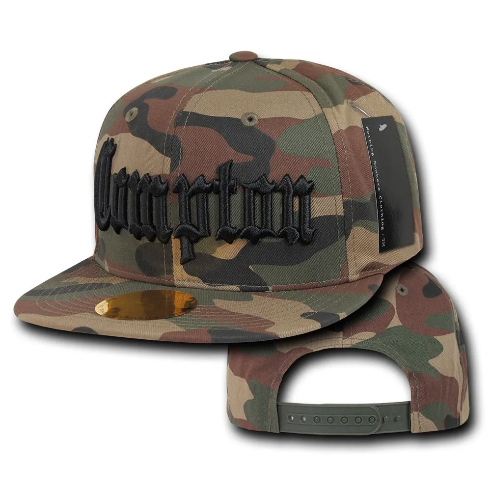 Compton City Camo Snapback Flat Bill Hat, Camo/Black
