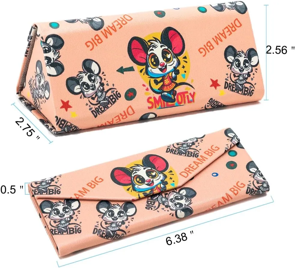 Cute Cartoon Eyeglass Case Triangle Foldable Magnet Closure Sunglasses Case Holder and Matching Eyeglass Cloth