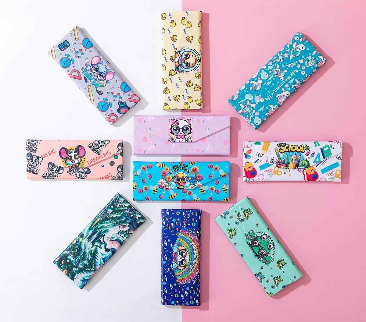 Cute Cartoon Eyeglass Case Triangle Foldable Magnet Closure Sunglasses Case Holder and Matching Eyeglass Cloth