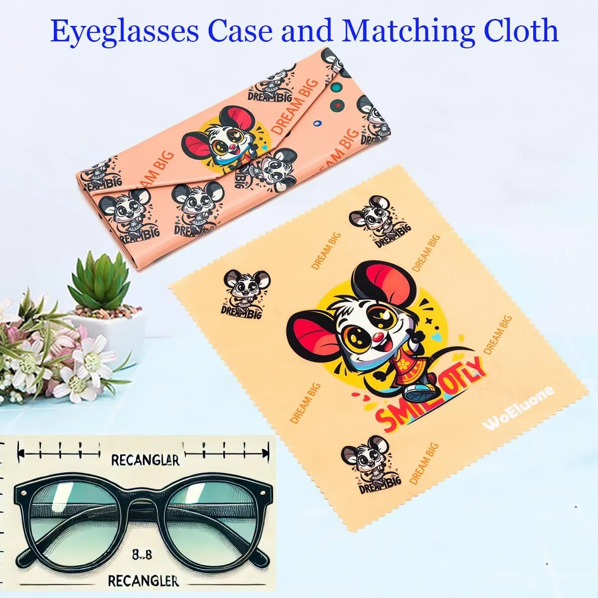 Cute Cartoon Eyeglass Case Triangle Foldable Magnet Closure Sunglasses Case Holder and Matching Eyeglass Cloth