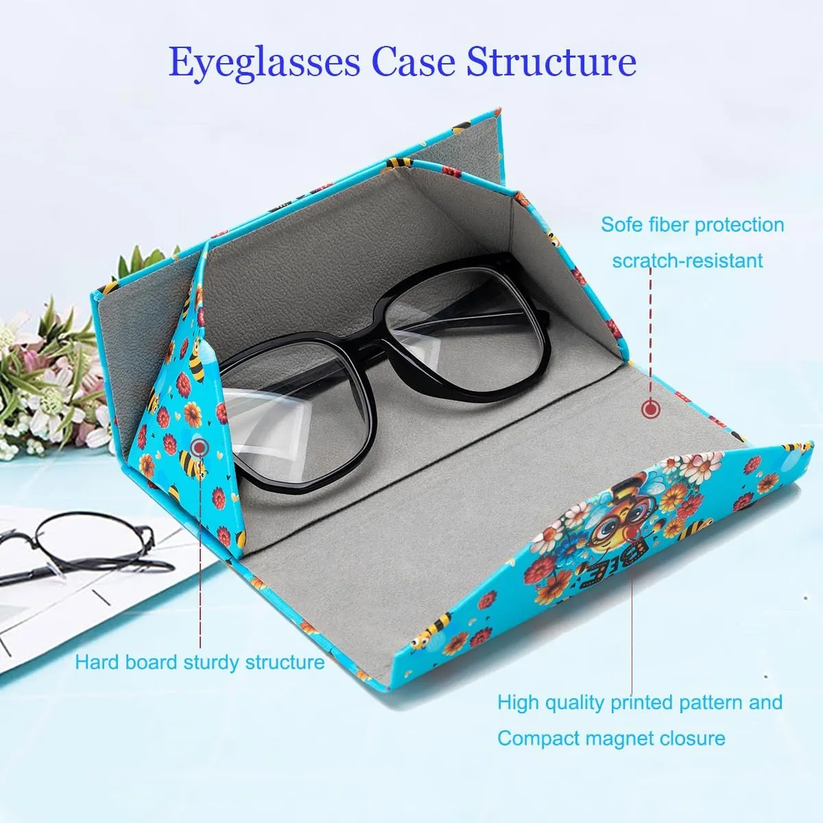 Cute Cartoon Eyeglass Case Triangle Foldable Magnet Closure Sunglasses Case Holder and Matching Eyeglass Cloth
