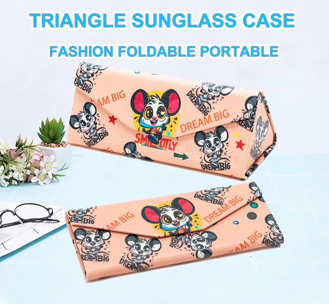 Cute Cartoon Eyeglass Case Triangle Foldable Magnet Closure Sunglasses Case Holder and Matching Eyeglass Cloth