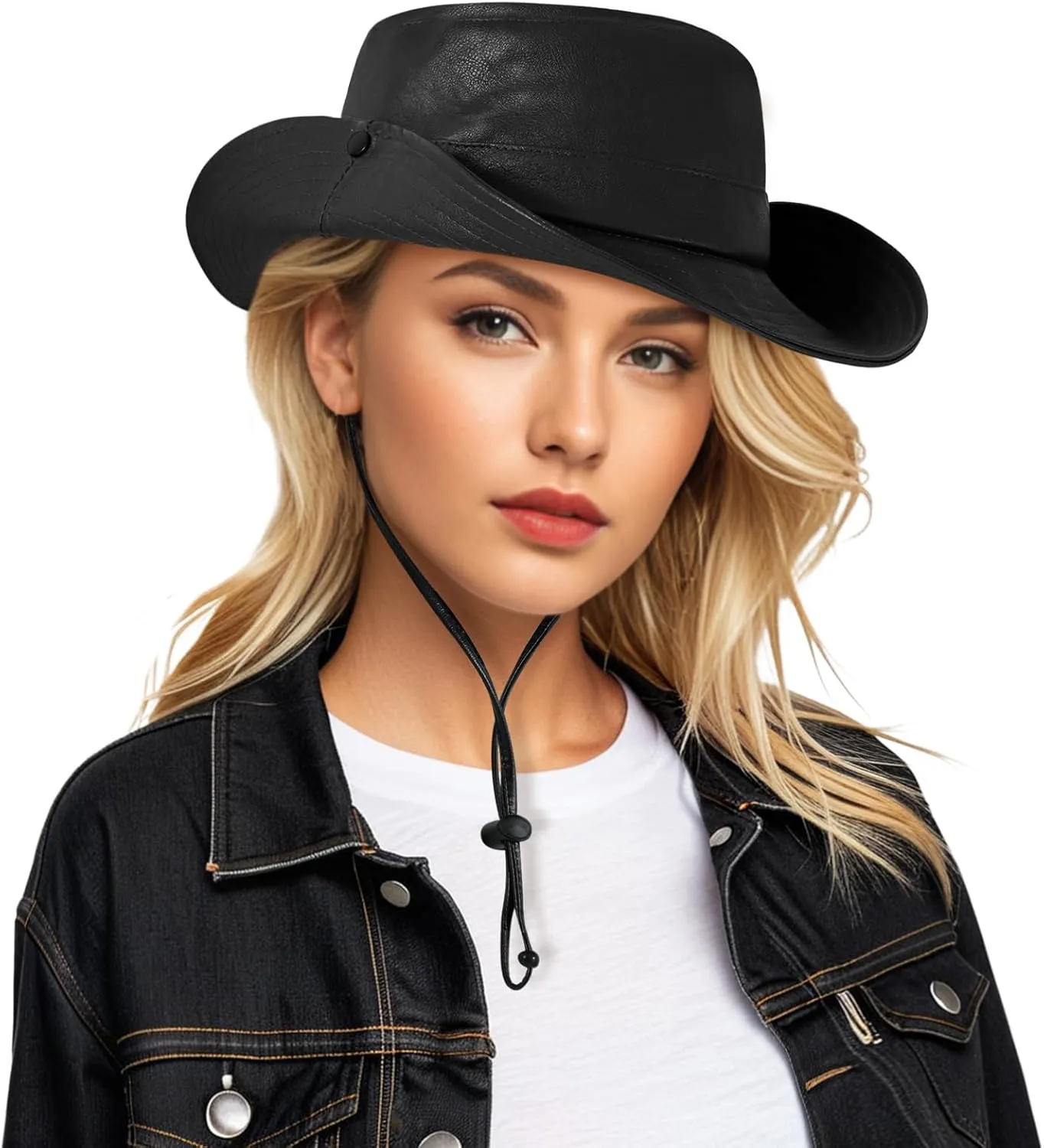 DOCILA Pu Leather Cowboy Hat Women Cozy Western Cowgirl Bucket Sun Hats Packable Fisherman Boonie Cap