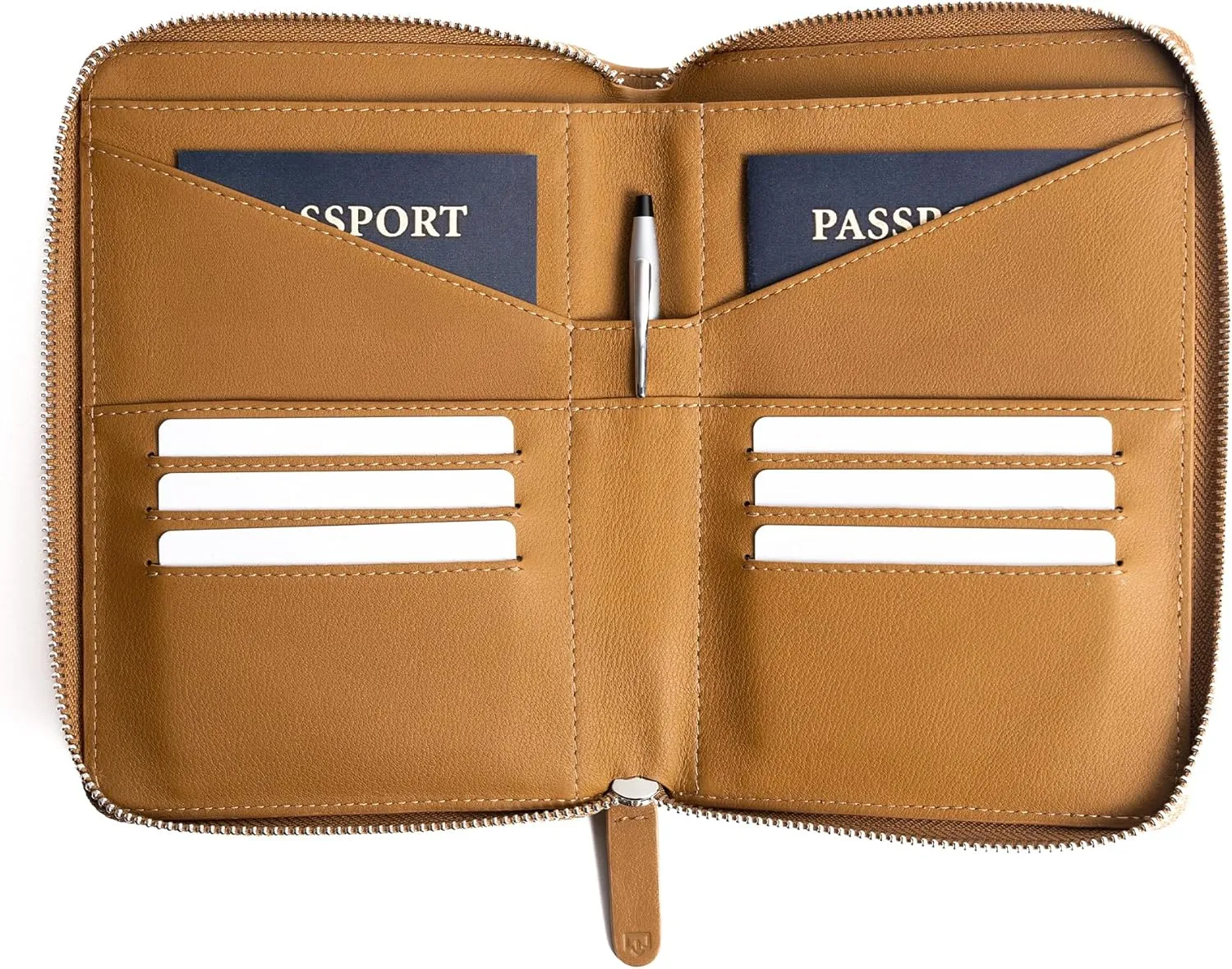 Full Grain Leather Family Passport Holder for 2-4 Passports - RFID Passport Holder and Travel Document Organizer - Large Leather Travel Wallet for Couples and Families - Camel