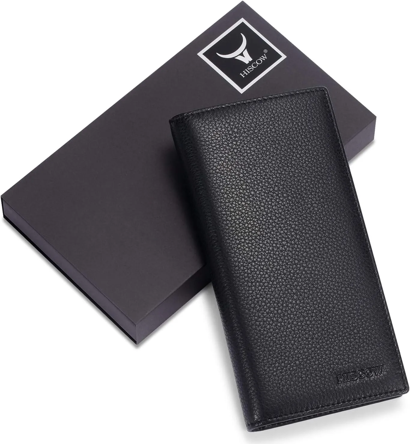 HISCOW Bifold Long Wallet with 15 Credit Card Slots - Italian Calfskin (Pebbled Black)