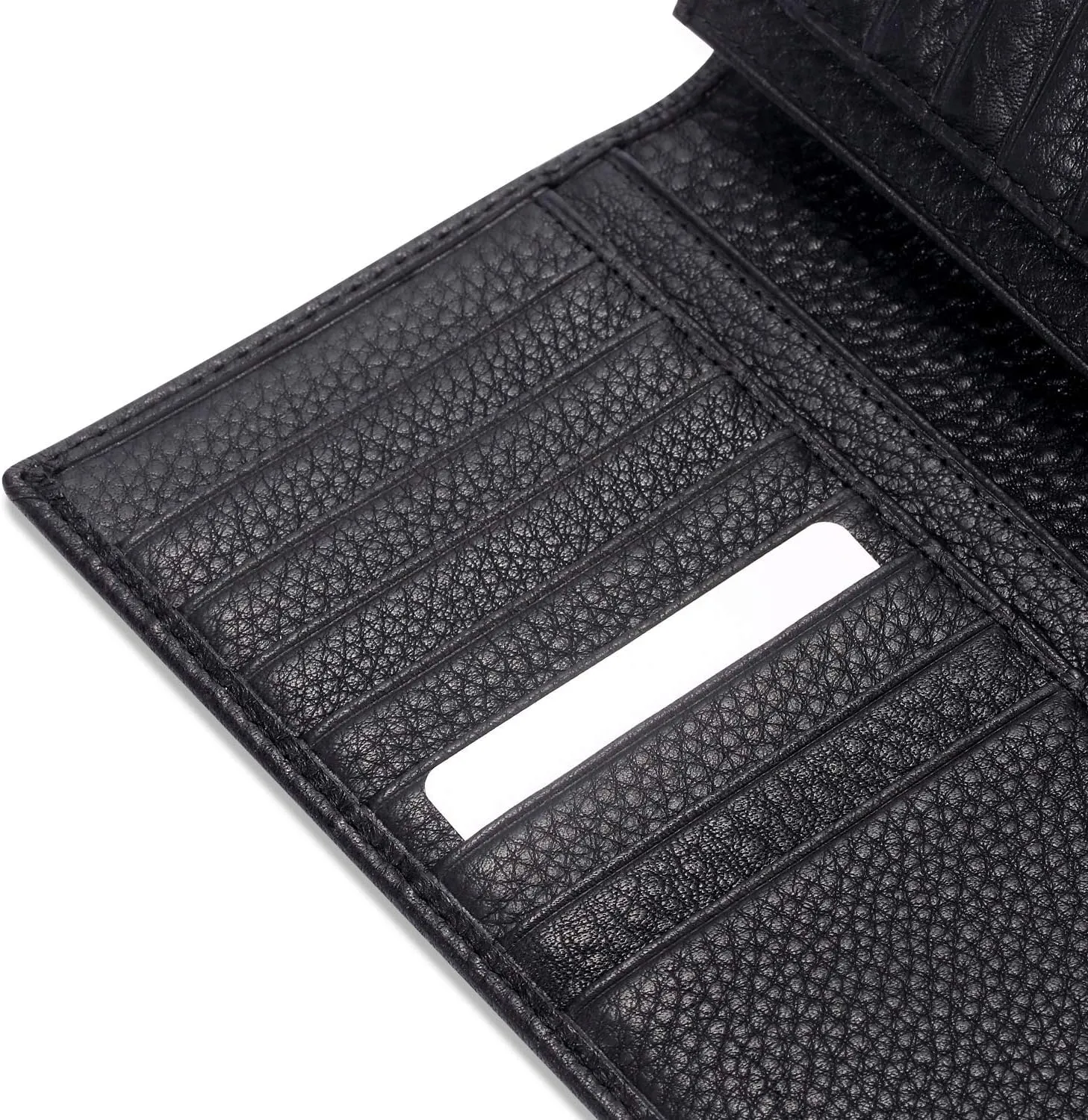 HISCOW Bifold Long Wallet with 15 Credit Card Slots - Italian Calfskin (Pebbled Black)