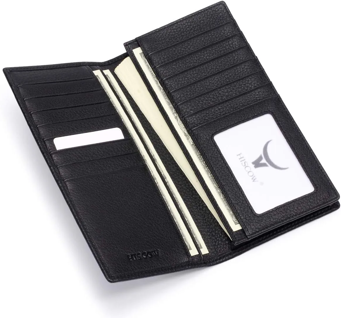 HISCOW Bifold Long Wallet with 15 Credit Card Slots - Italian Calfskin (Pebbled Black)