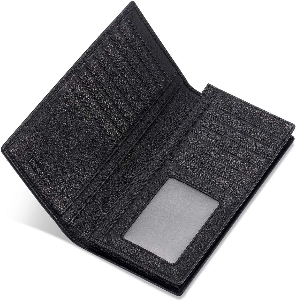 HISCOW Bifold Long Wallet with 15 Credit Card Slots - Italian Calfskin (Pebbled Black)