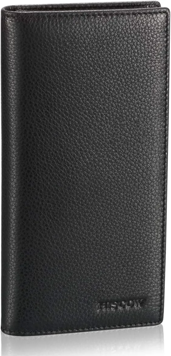 HISCOW Bifold Long Wallet with 15 Credit Card Slots - Italian Calfskin (Pebbled Black)