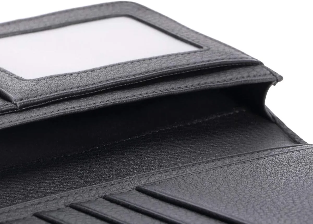 HISCOW Bifold Long Wallet with 15 Credit Card Slots - Italian Calfskin (Pebbled Black)