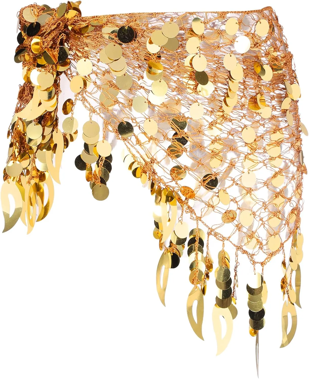 MECCANIXITY Women's Belly Dance Hip Scarf with Sequins Mesh Triangle Wrap Skirts Waist Chain for Music Festival Party Costume Performance(Gold Tone)