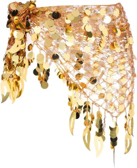 MECCANIXITY Women's Belly Dance Hip Scarf with Sequins Mesh Triangle Wrap Skirts Waist Chain for Music Festival Party Costume Performance(Gold Tone)