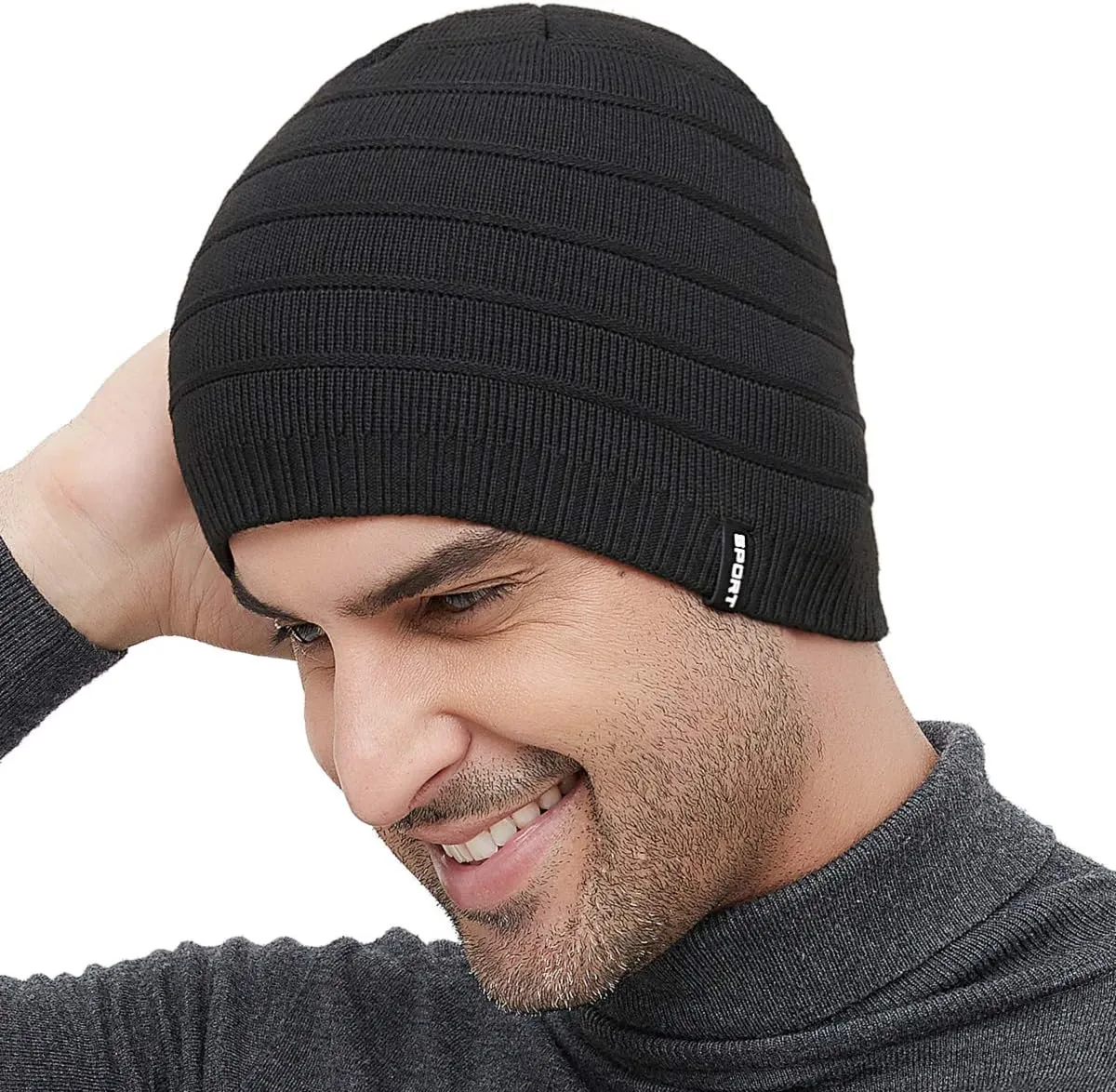 Mens Winter Beanie Hat Warm Knit Cuffed Plain Toboggan Ski Skull Cap (3 Patterns)