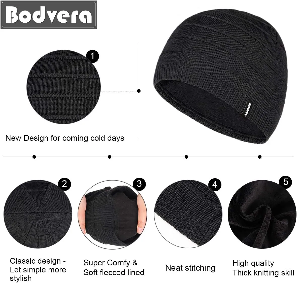 Mens Winter Beanie Hat Warm Knit Cuffed Plain Toboggan Ski Skull Cap (3 Patterns)