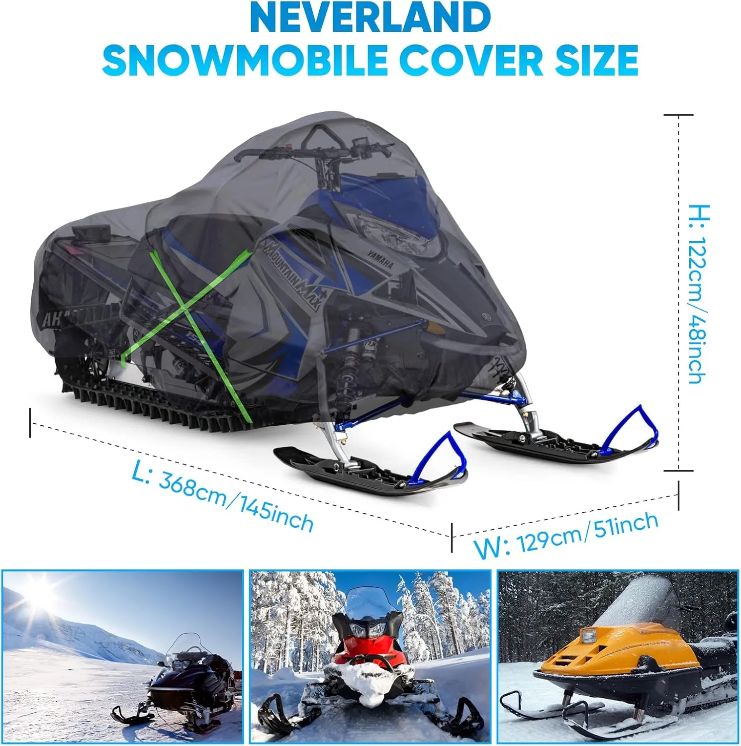 NEVERLAND Snowmobile Cover - Waterproof Snowmobile Covers Snowmobile Accessories Storage Cover Compatible with Polaris Ski Doo and Yamaha with Reflective Strips Universal Fits up to 145"