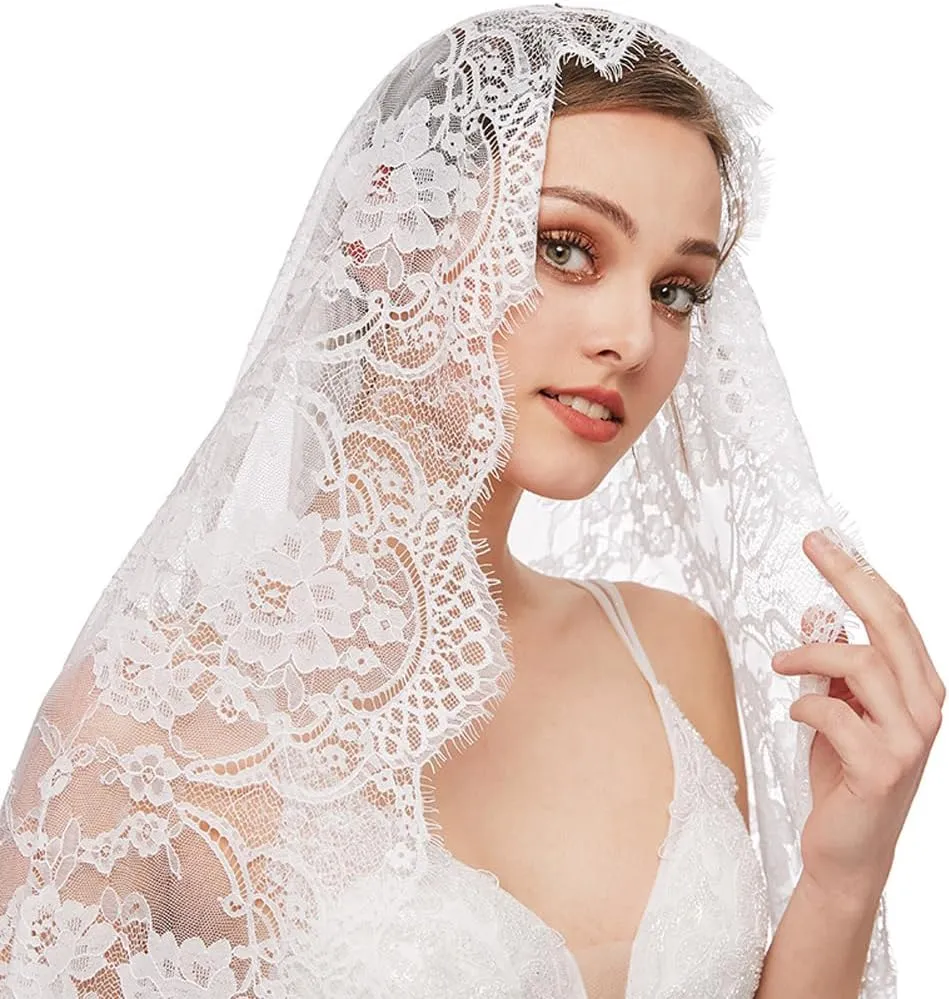 PRINCESS BRIDE Lace Mantilla Veil Vintage Floral Lace Scarf Triangle Wedding Veil Long Chapel Veils Catholic Mass Church