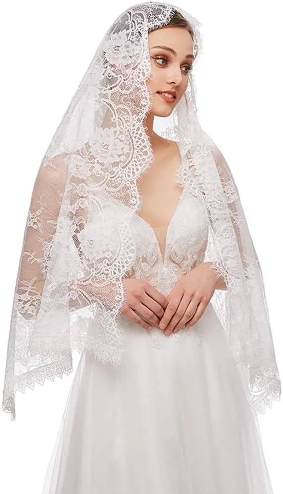 PRINCESS BRIDE Lace Mantilla Veil Vintage Floral Lace Scarf Triangle Wedding Veil Long Chapel Veils Catholic Mass Church