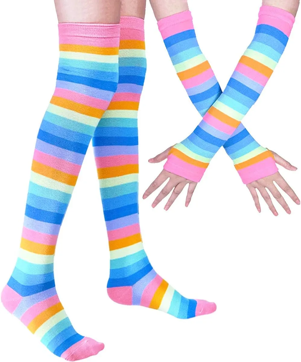 SherryDC Womens Girls Cosplay Rainbow Striped Knee High Socks Leg Arm Warmer Fingerless Gloves Set