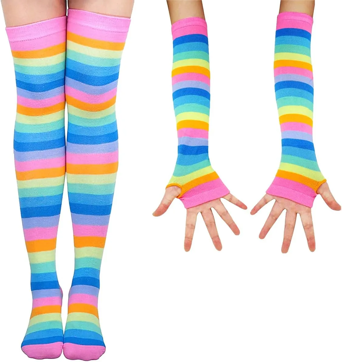 SherryDC Womens Girls Cosplay Rainbow Striped Knee High Socks Leg Arm Warmer Fingerless Gloves Set
