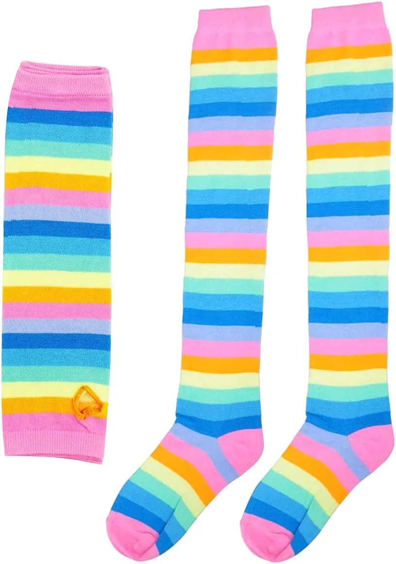 SherryDC Womens Girls Cosplay Rainbow Striped Knee High Socks Leg Arm Warmer Fingerless Gloves Set