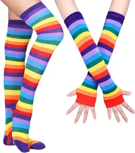 SherryDC Womens Girls Cosplay Rainbow Striped Knee High Socks Leg Arm Warmer Fingerless Gloves Set