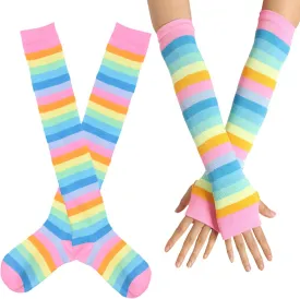 SherryDC Womens Girls Cosplay Rainbow Striped Knee High Socks Leg Arm Warmer Fingerless Gloves Set