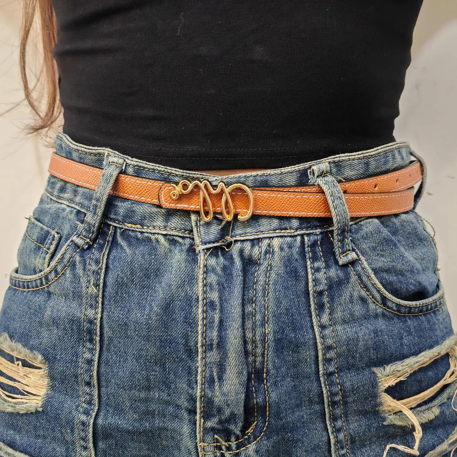 Skinny Black White Belt for Women Gold Leather Buckle Belt Trendy Thin Belts for Jeans Pants Dresses