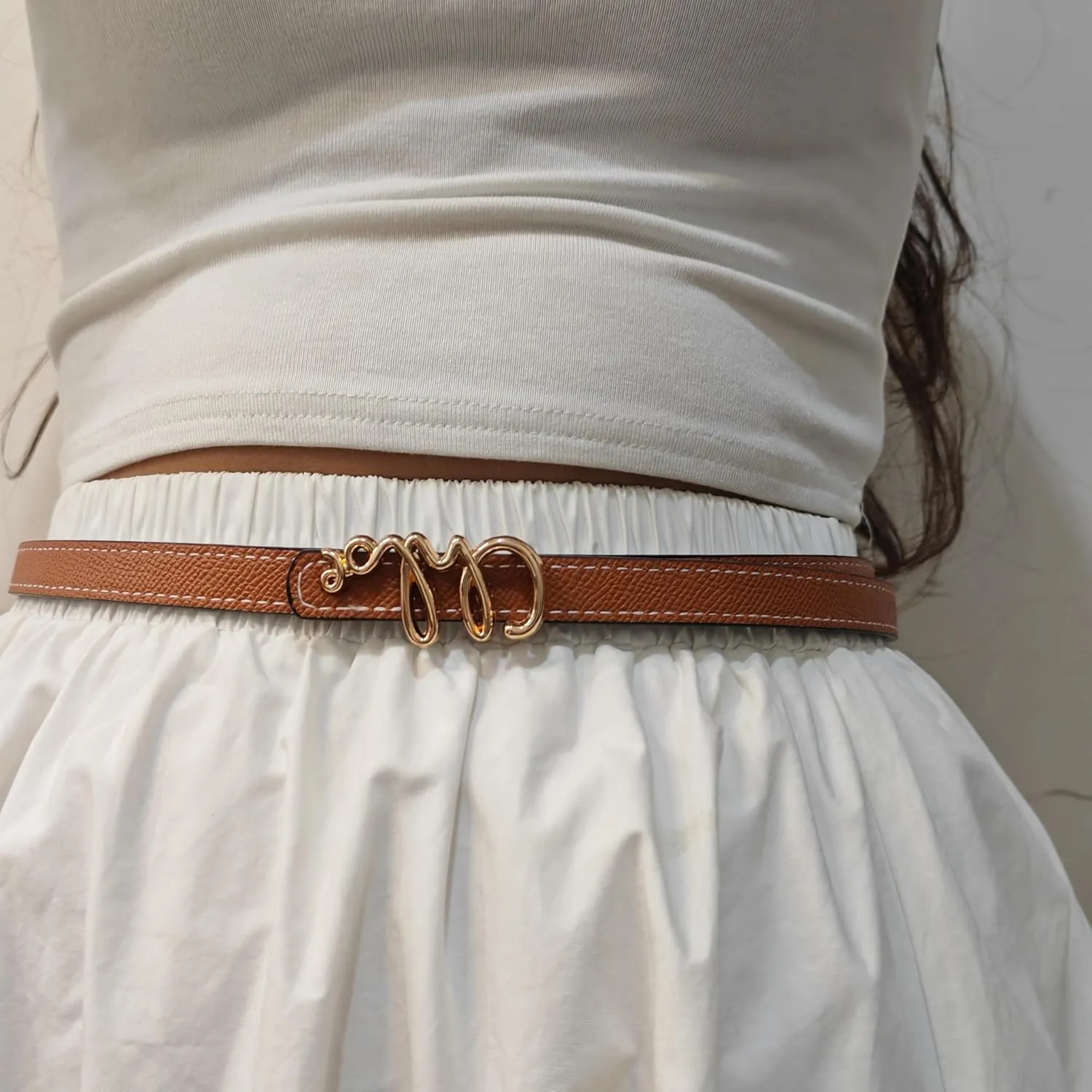 Skinny Black White Belt for Women Gold Leather Buckle Belt Trendy Thin Belts for Jeans Pants Dresses