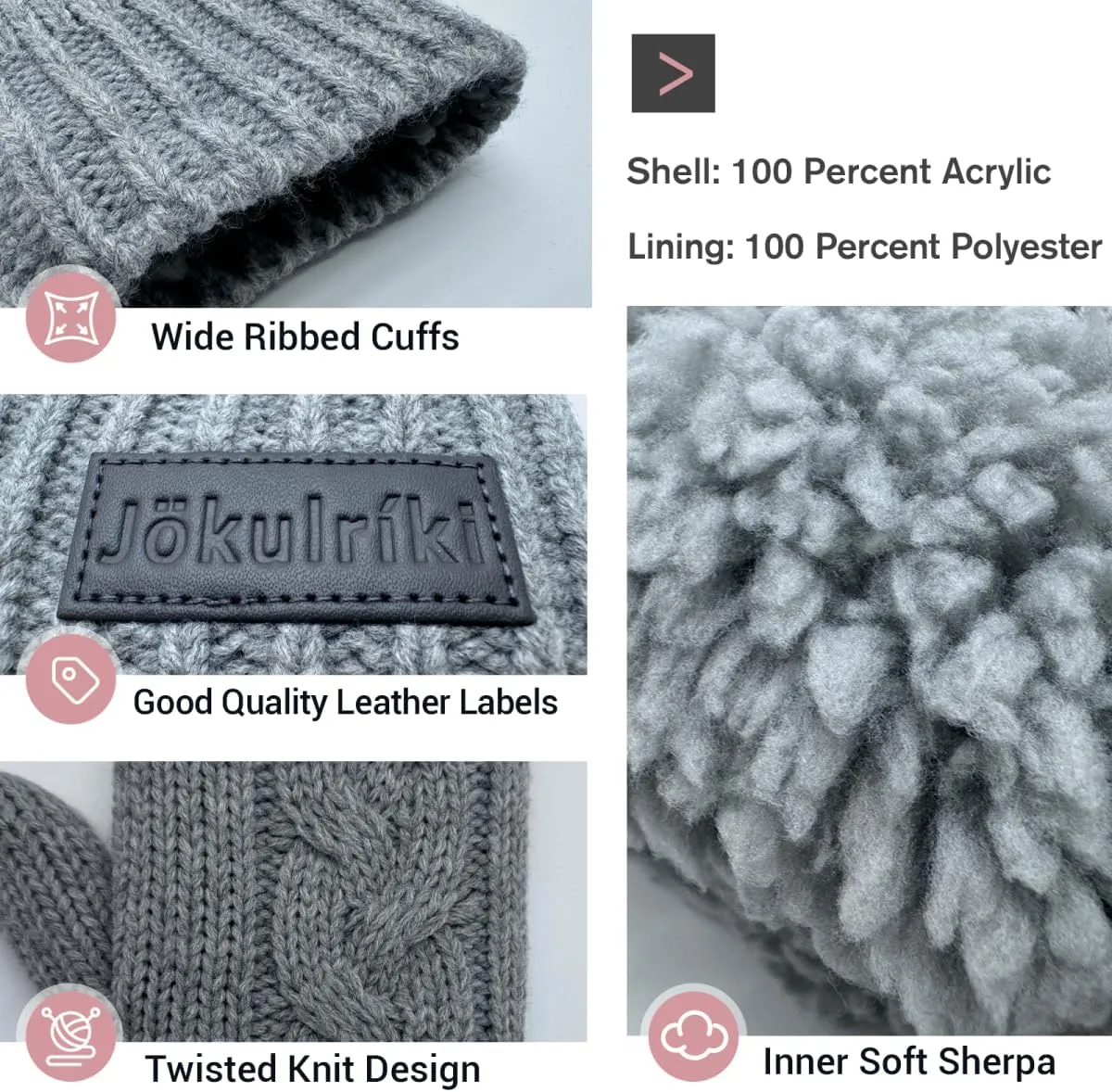 Touchscreen Mittens for Women Sherpa Lined Cold Weather Chunky Cable Knit Mitt
