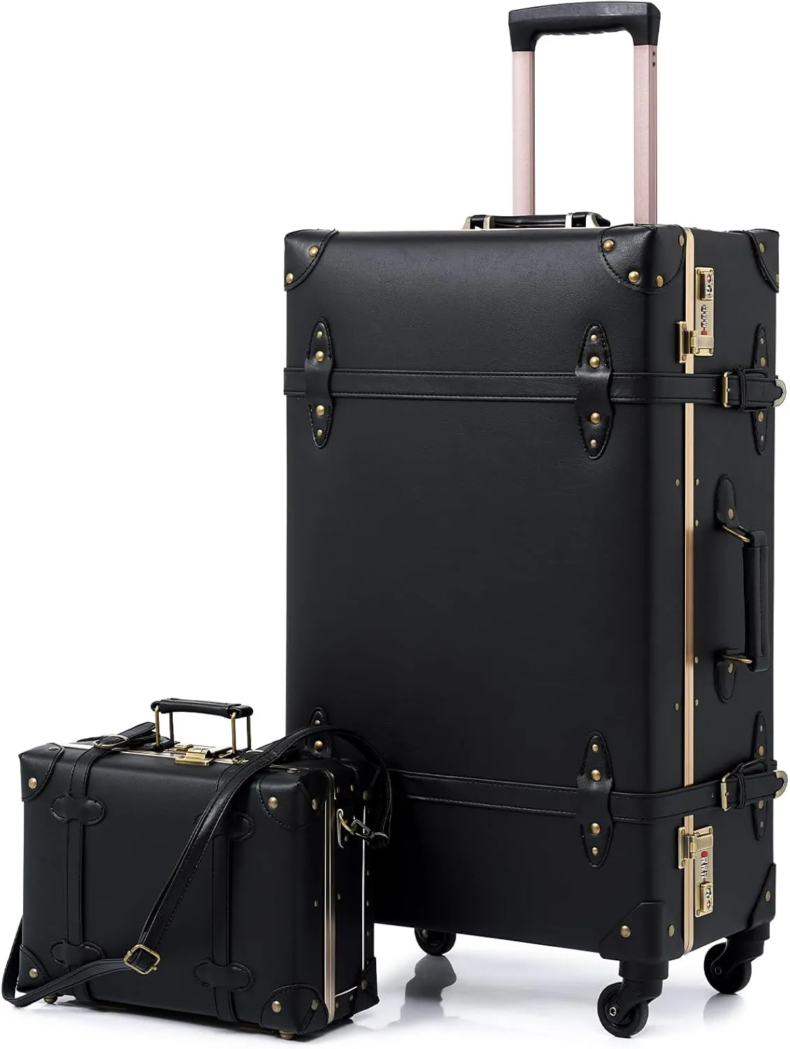urecity Designer Vintage Trunk Combination Luggage Sets of 2 Piece, Hard Shell Retro Travel Suitcase with Wheels (Black, 20" 12")