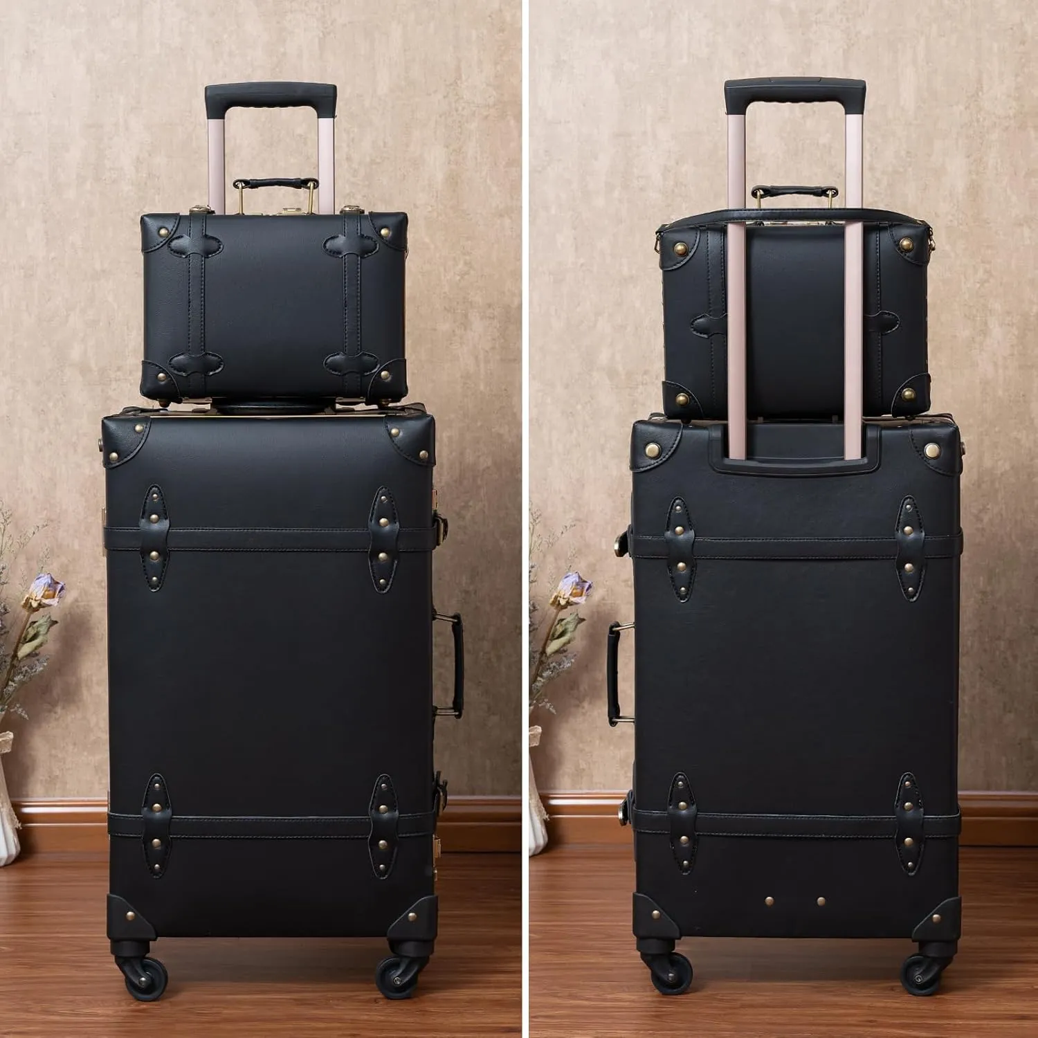 urecity Designer Vintage Trunk Combination Luggage Sets of 2 Piece, Hard Shell Retro Travel Suitcase with Wheels (Black, 20" 12")