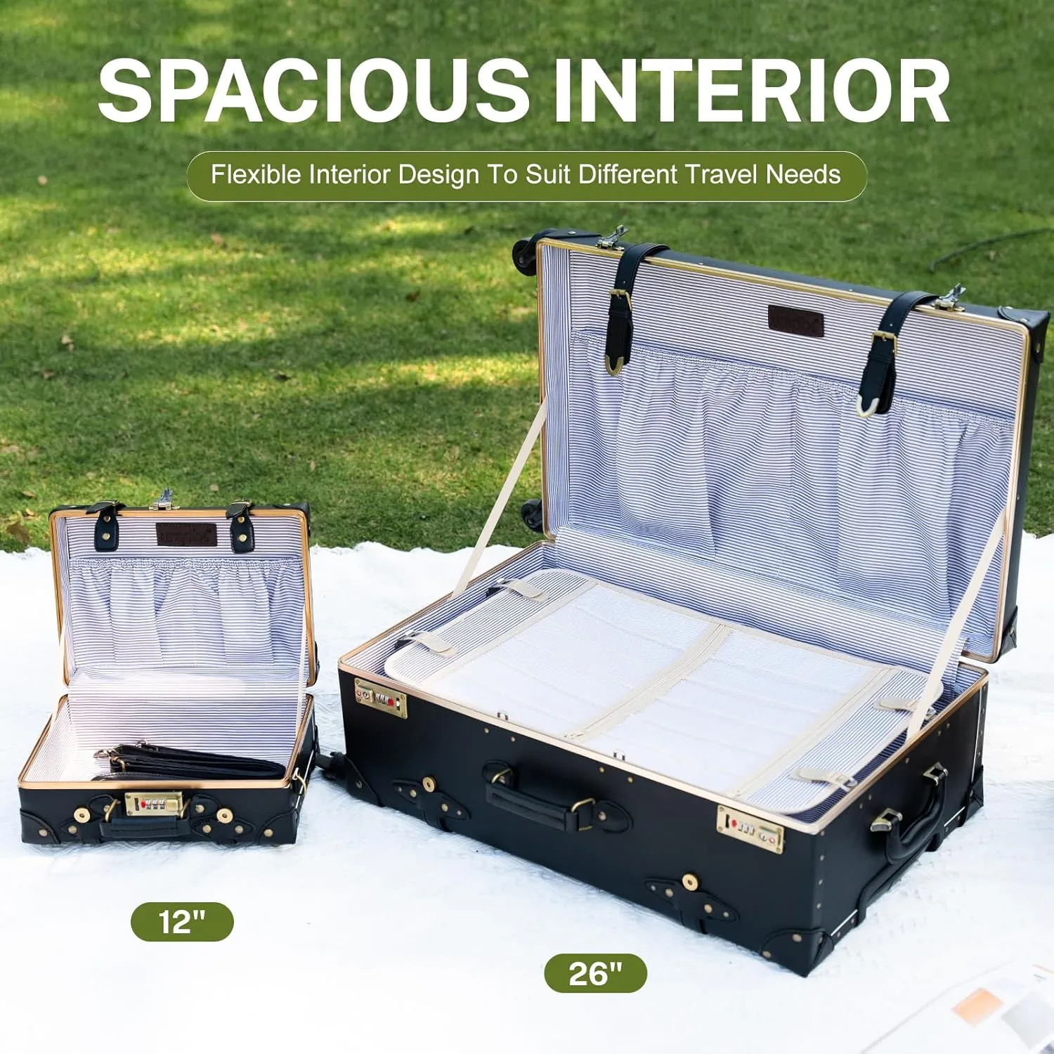 urecity Designer Vintage Trunk Combination Luggage Sets of 2 Piece, Hard Shell Retro Travel Suitcase with Wheels (Black, 20" 12")
