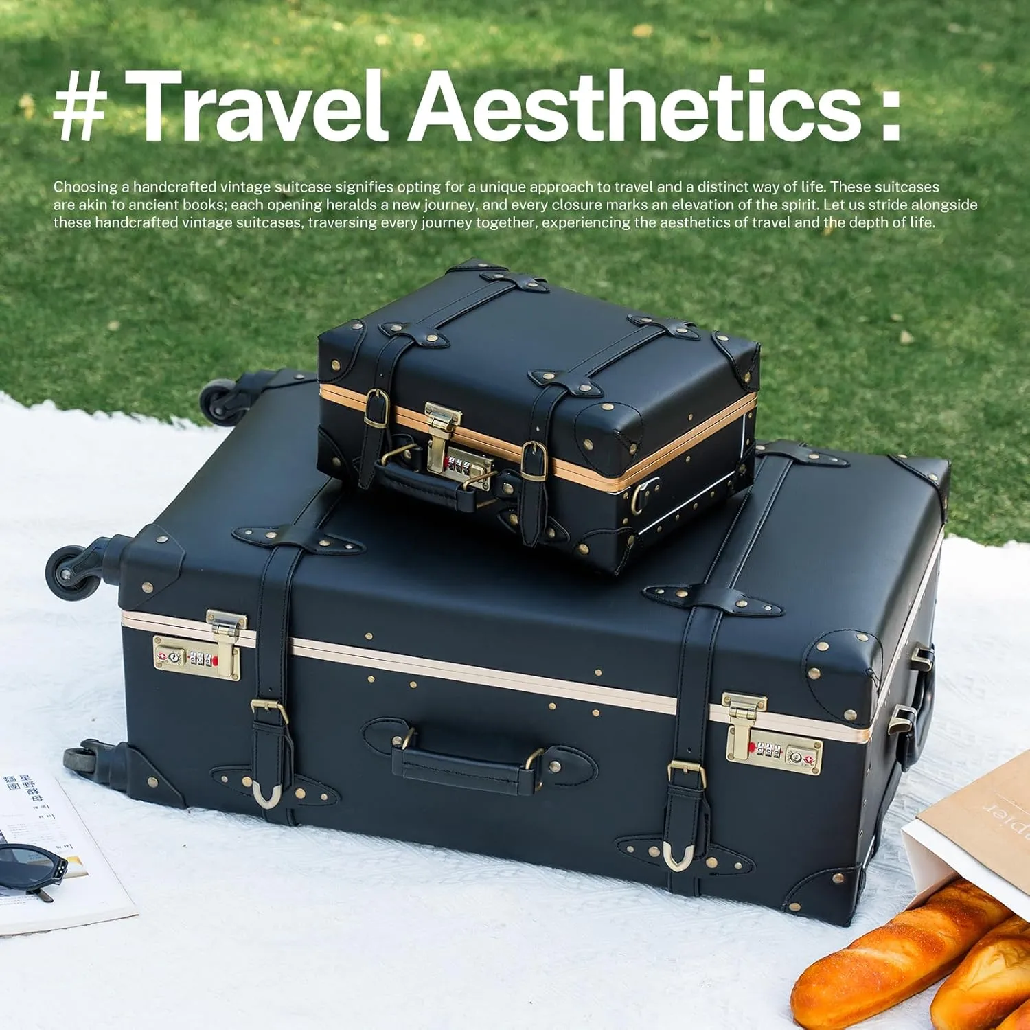urecity Designer Vintage Trunk Combination Luggage Sets of 2 Piece, Hard Shell Retro Travel Suitcase with Wheels (Black, 20" 12")