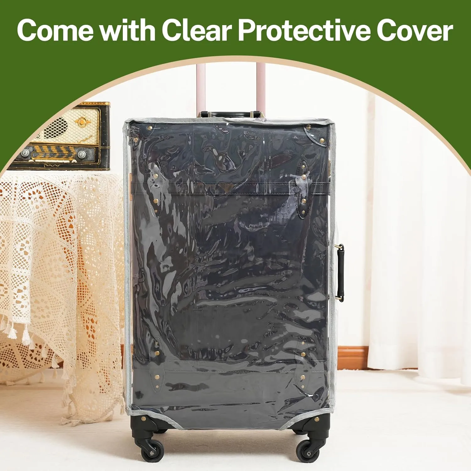 urecity Designer Vintage Trunk Combination Luggage Sets of 2 Piece, Hard Shell Retro Travel Suitcase with Wheels (Black, 20" 12")