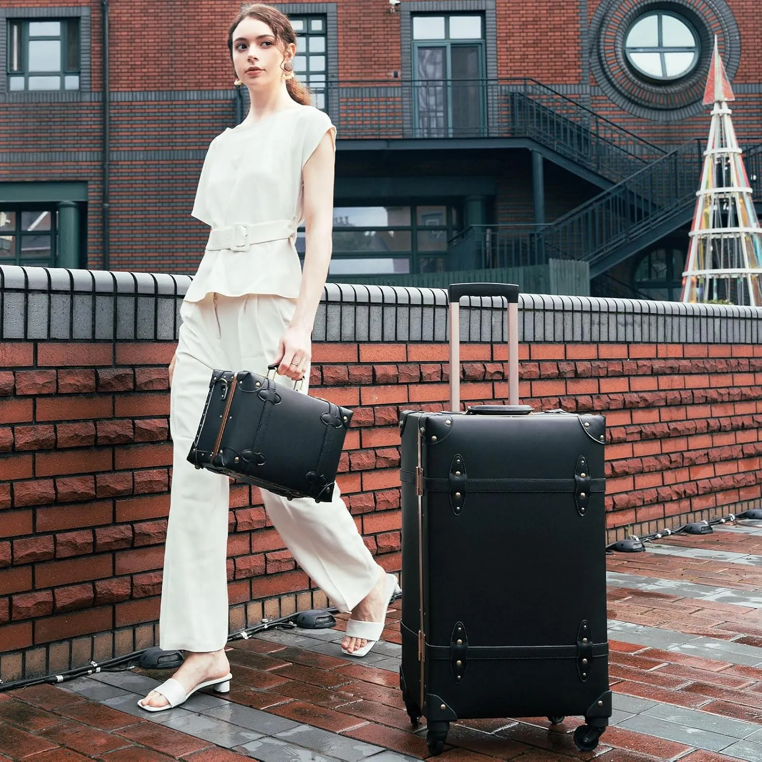 urecity Designer Vintage Trunk Combination Luggage Sets of 2 Piece, Hard Shell Retro Travel Suitcase with Wheels (Black, 20" 12")
