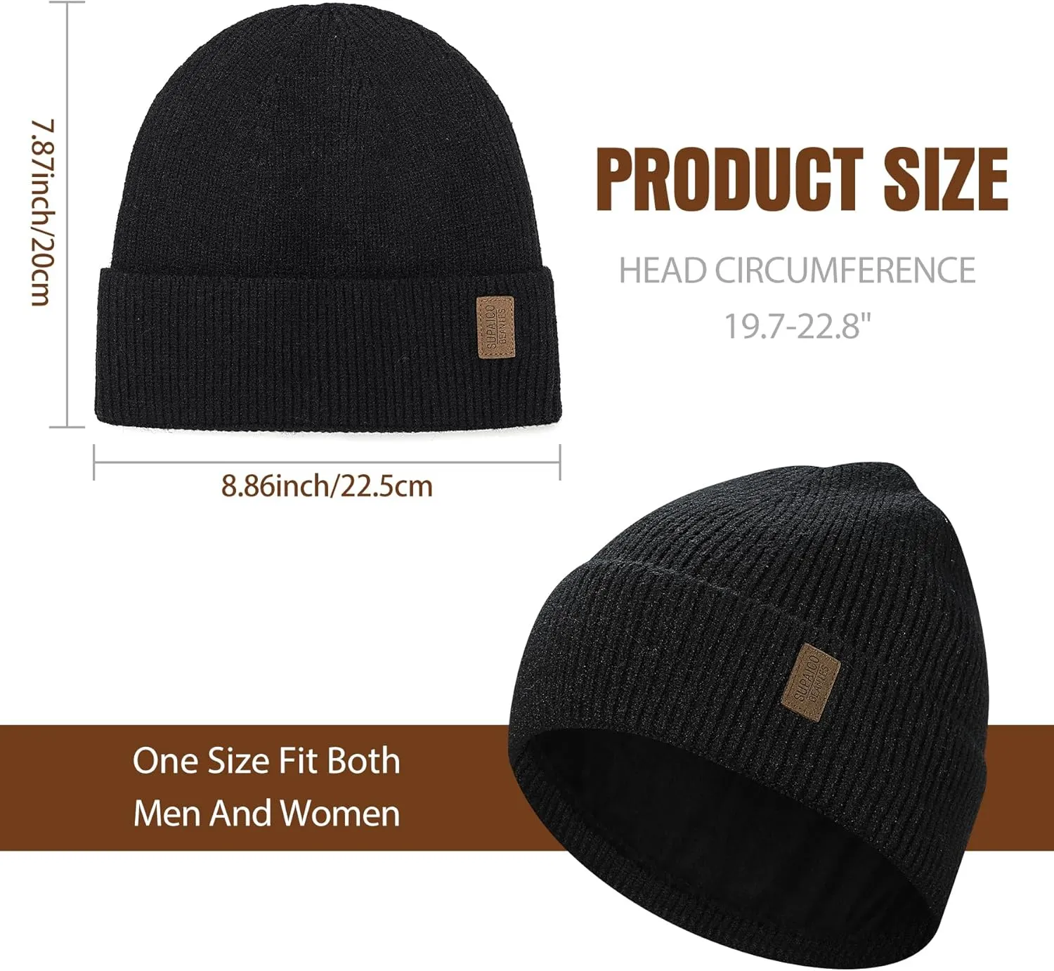 Winter Beanie Hat for Men Women Fleece Lined Knit Beanie Soft Cuffed Thick Warm Beanie Hats Unisex