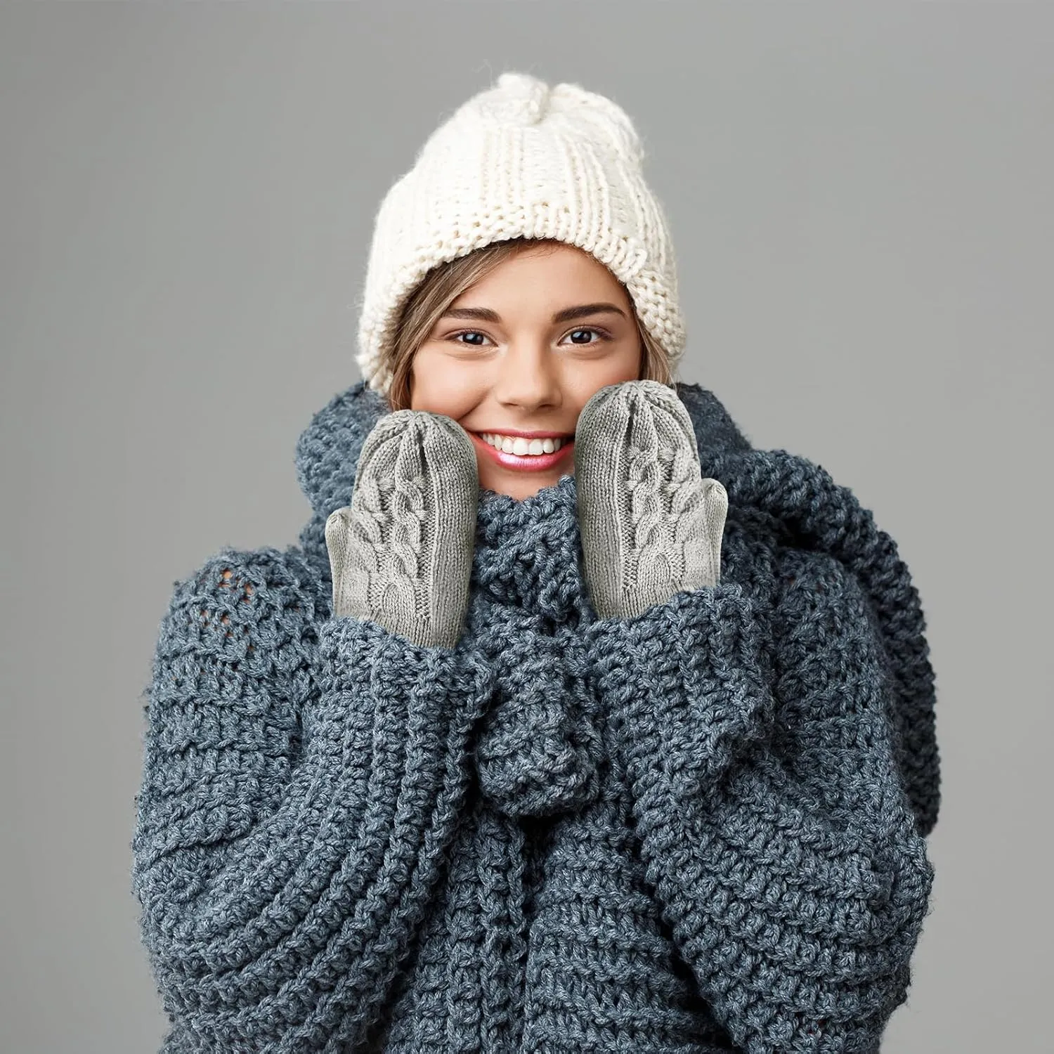 Winter Warm Women's Mittens, Thermal Fleece Knitted Gloves with Cozy Soft Lined for Cold Weather Running Driving
