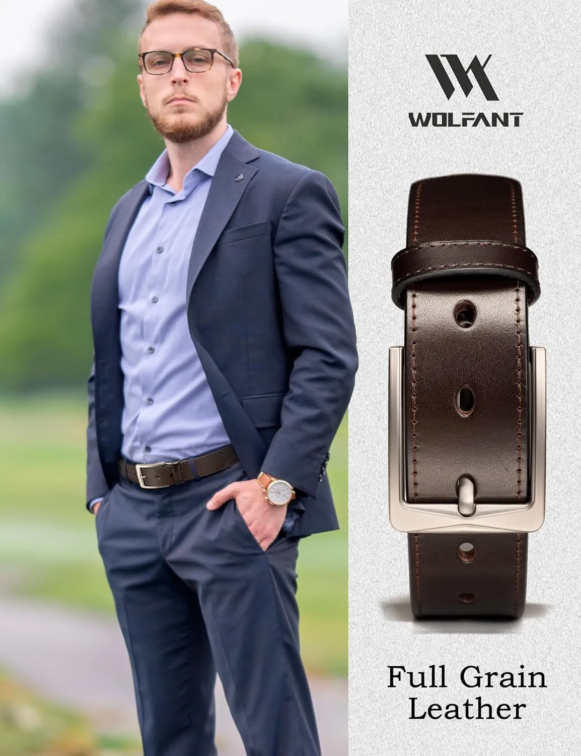 WOLFANT Men's 35mm Dress Casual Belt,100% Italian Full Grain Real Solid Leather