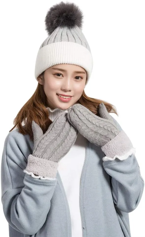 Women Men Winter Knit Mitten Gloves Thermal Fleece Lined Mittens Full Finger Hand Warmer Cold Weather Gloves