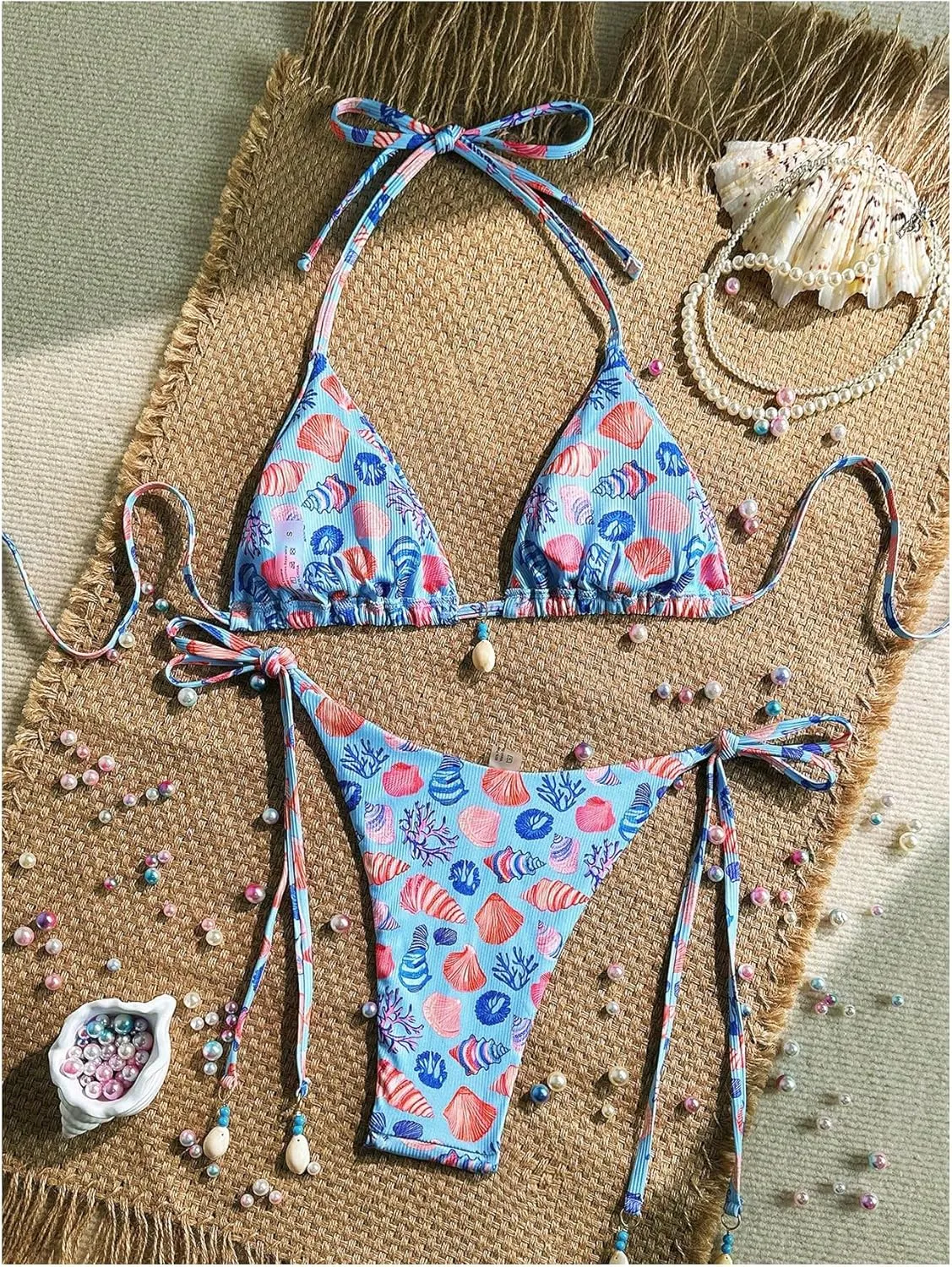 Women's 2 Piece Graphic Bikini Set Seashell Halter String Swimsuit Tie Side Bathing Suit