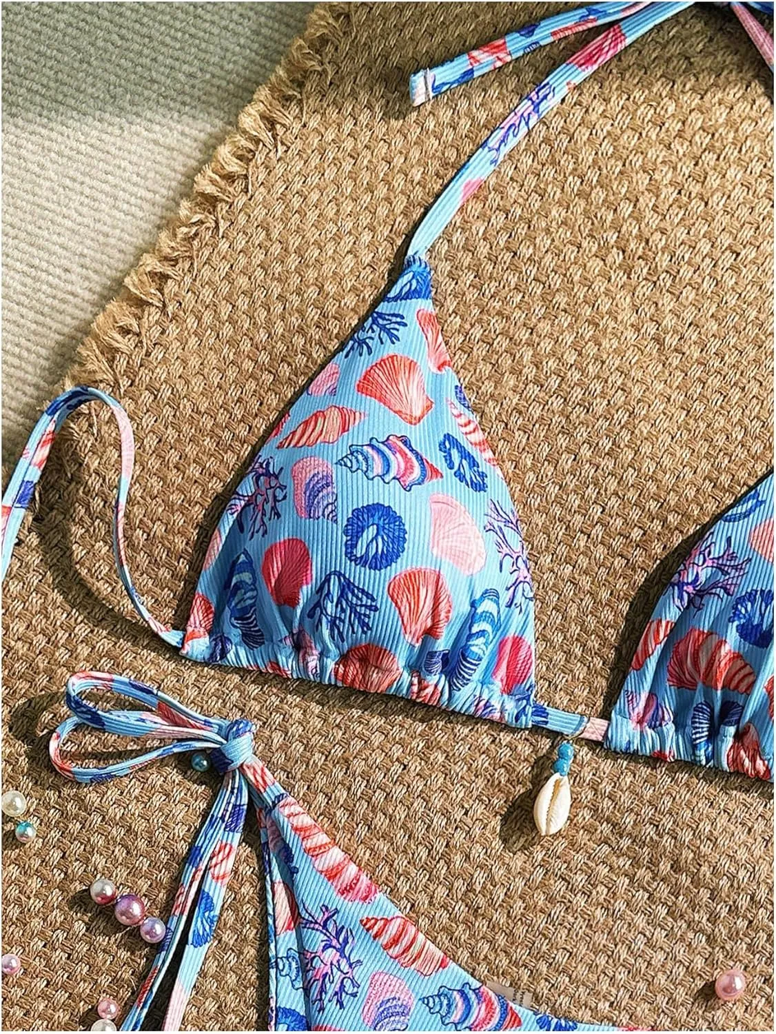 Women's 2 Piece Graphic Bikini Set Seashell Halter String Swimsuit Tie Side Bathing Suit