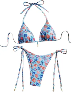 Women's 2 Piece Graphic Bikini Set Seashell Halter String Swimsuit Tie Side Bathing Suit