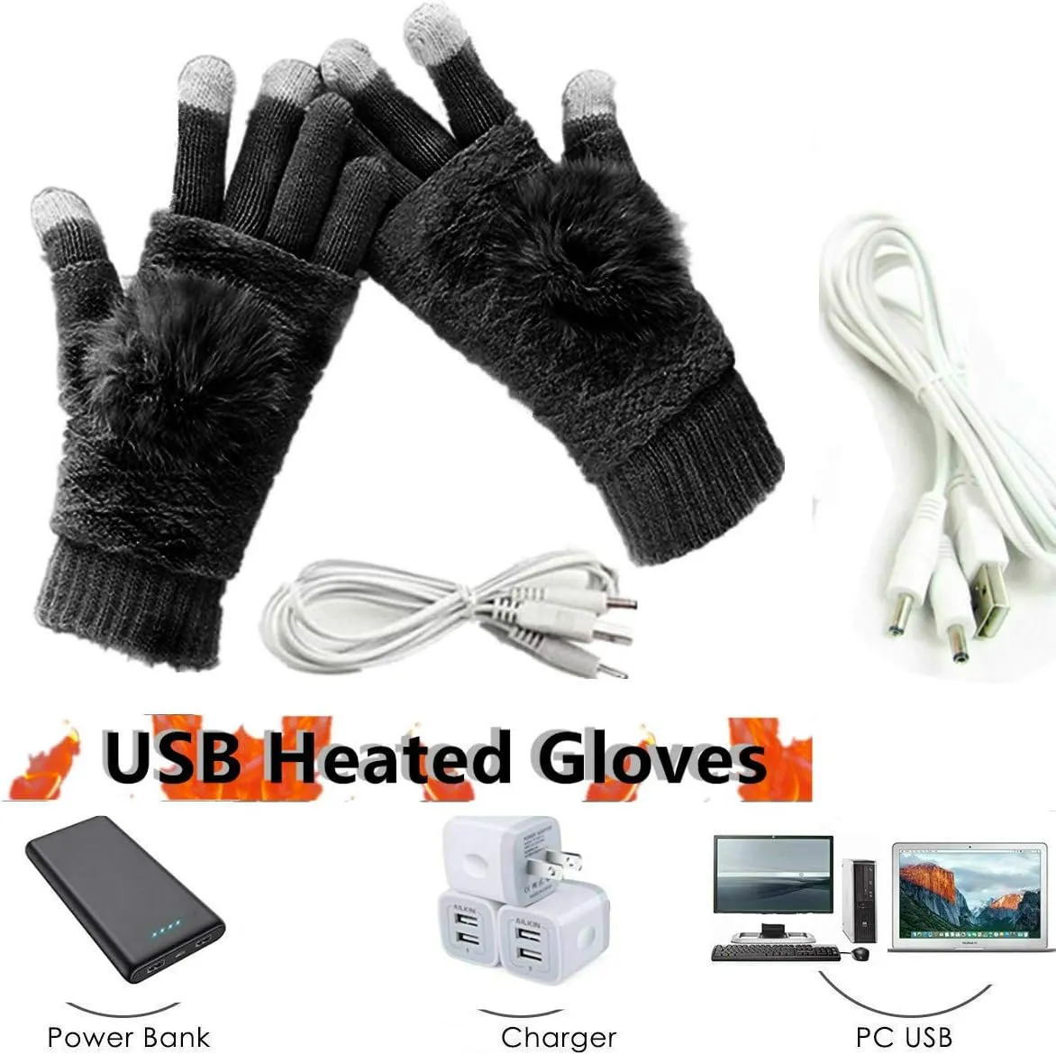 Women's & Men's USB Heated Gloves Mitten Winter Hands Warm Laptop Gloves Knitting Hands Full & Half Heated Warmer
